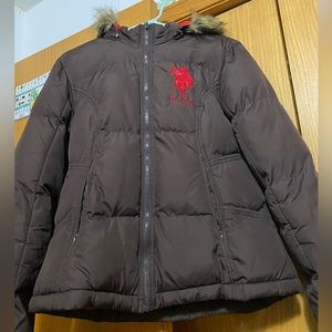 Brown and red winter coat